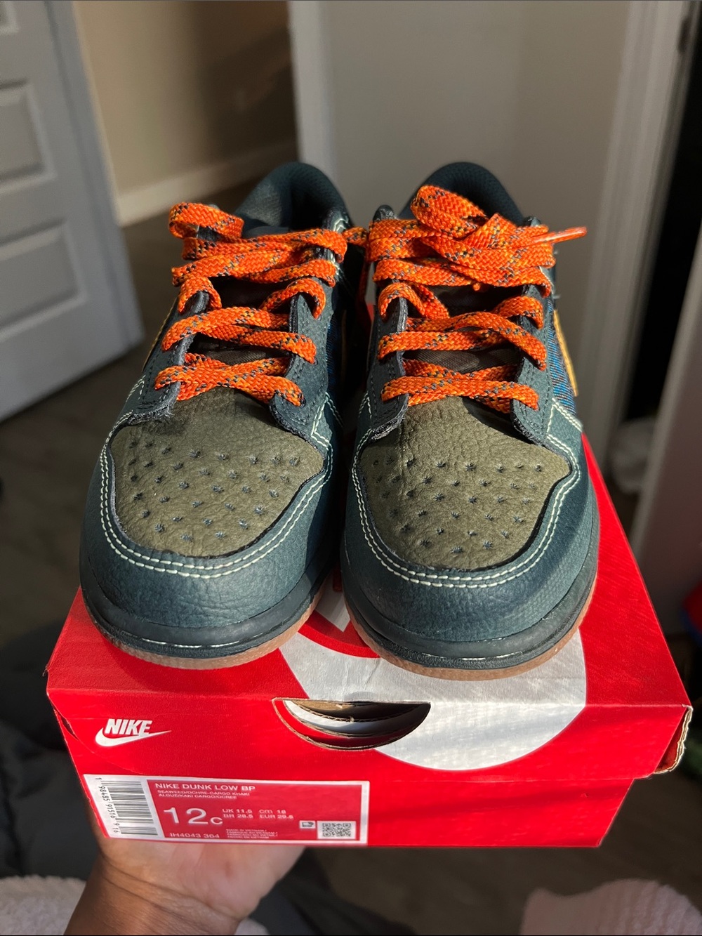 Nike Kids Dunk Low Sneakers in Olive Green and Bright Orange.